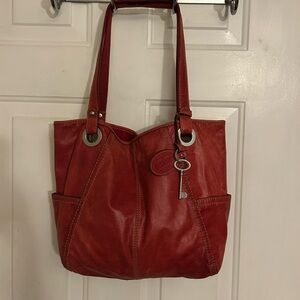 Fossil Large Red Leather Tote Bag w/ Key